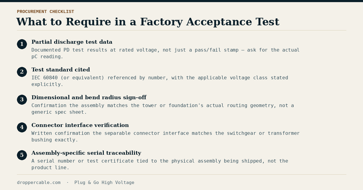 Checklist of five items to require in a dropper cable factory acceptance test report.