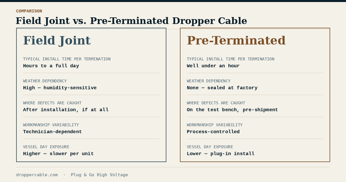 Comparison chart of field joint versus pre-terminated dropper cable install time, weather dependency, and vessel days.