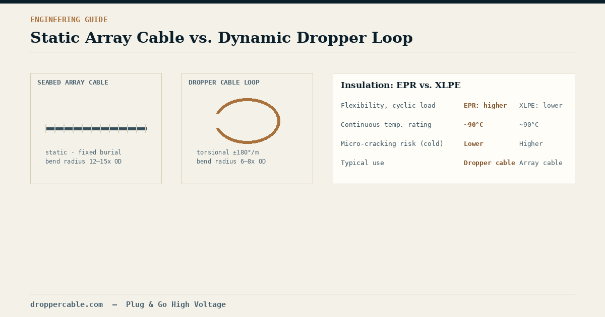 Diagram comparing a static seabed cable to a dropper cable's dynamic yaw loop and insulation choice.